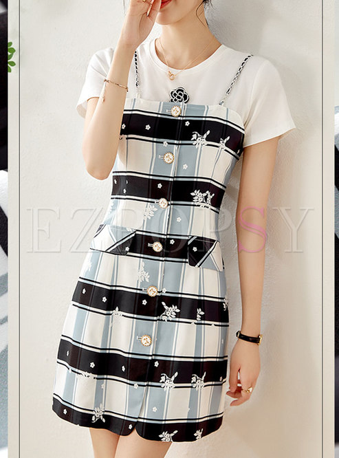 Cute Plaid Single-Breasted & T-Shirt Strap Dresses
