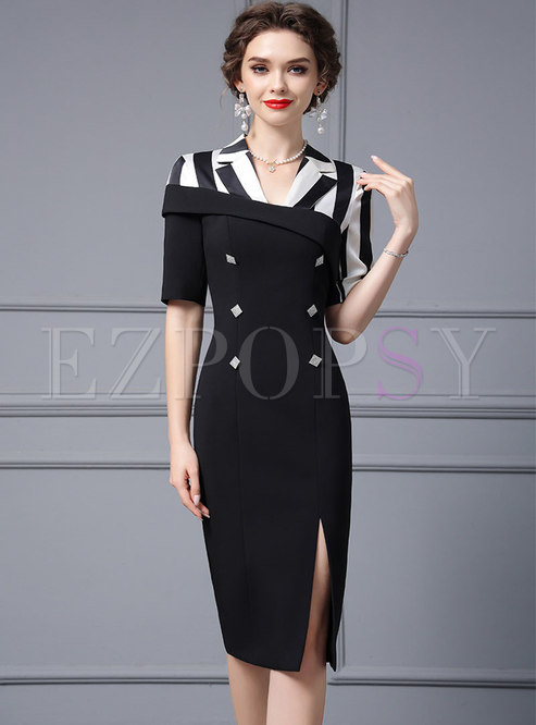 Notched Collar Color Contrast Office Dresses