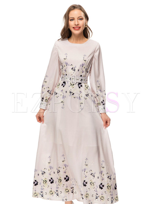 Elegant Crewneck Floral Print With Belt Maxi Dresses