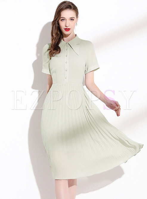 Petite Notch Collar Single-Breasted Pleated Skater Dresses