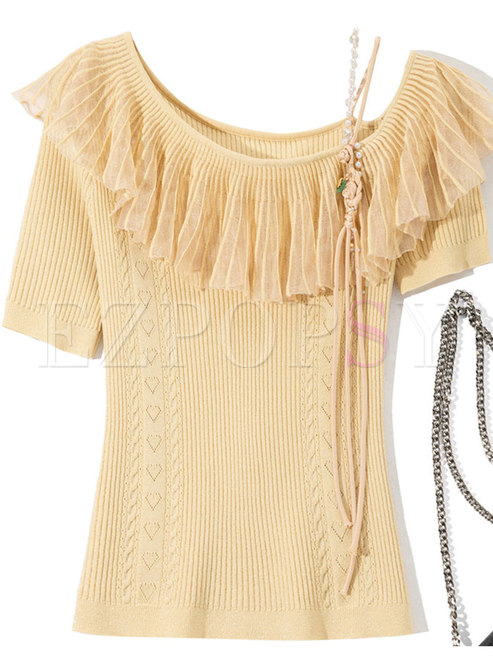 Ladies Romantic Lace-Trimmed Short Sleeve Knit Tops