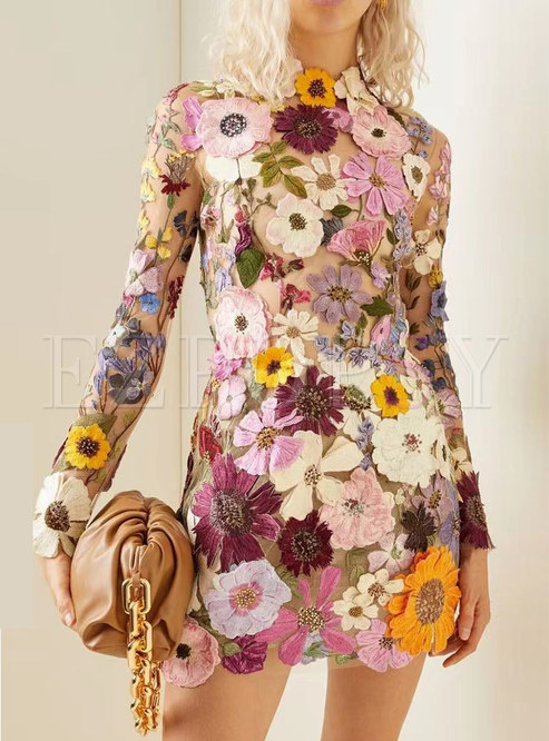 Bodycon Embroidered Flower Decor Short Dresses