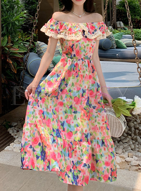 Romantic off-shoulder Fringes Floral Beach Long Dresses