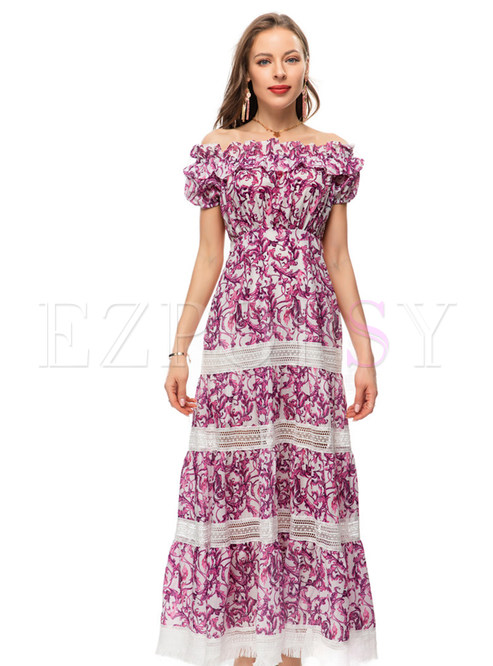 Princess Off-The-Shoulder Fringes Printed Maxi Dresses