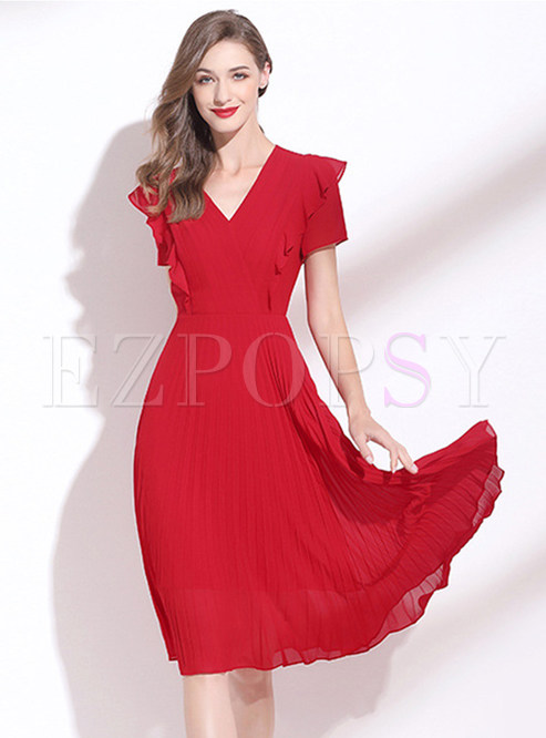 Flutter V-Neck Ruffle Sleeve Chiffon Red Dresses