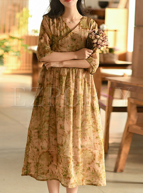 Elegant V-Neck Half Sleeve Printed Maxi Dresses