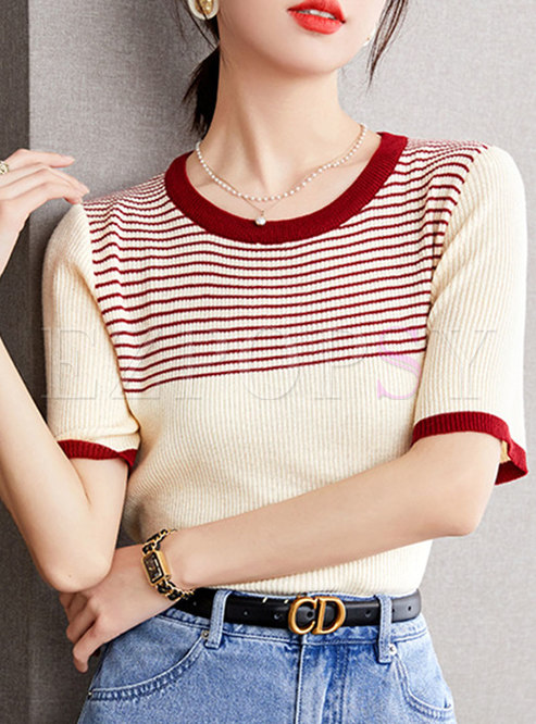 Commuter Crewneck Contrasting Knit Tops For Women