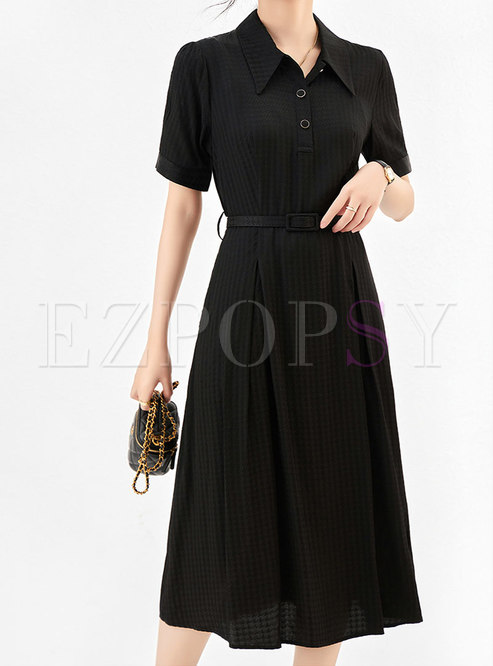 Swing Turn-Down Collar Short Sleeve With Belt Cocktail Dresses