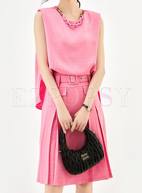 Crewneck Sleeveless Solid Color Skirts Suits For Ladies