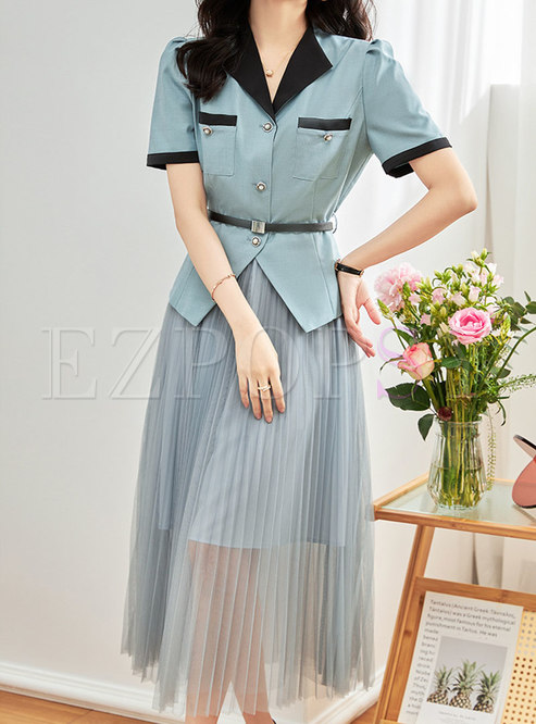 Classy Contrasting Corset Belt Tops & Mesh Pleated Skirts
