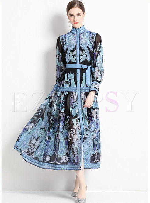 Swing Single-Breasted Long Sleeve Floral Dresses