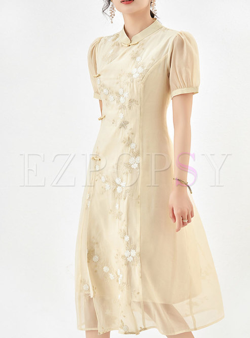 Glamorous Embroidered Mesh Cheongsam Style Dresses