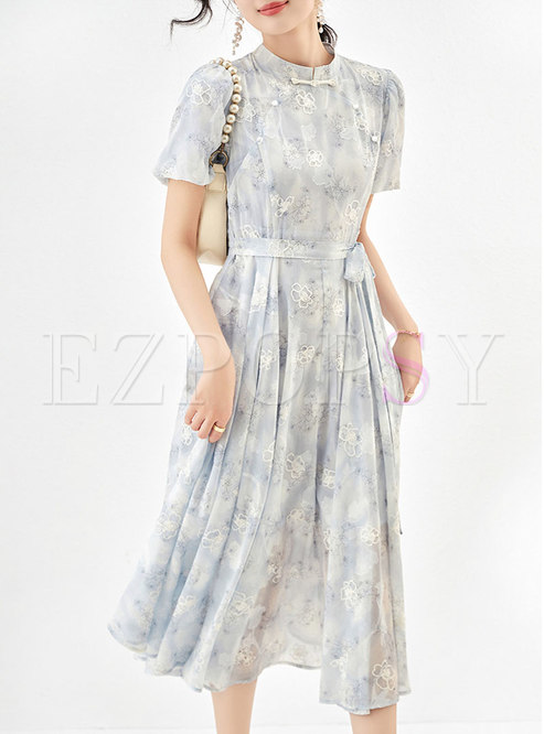 Blooming Embroidered Corset Belt Mandarin Collar Dresses