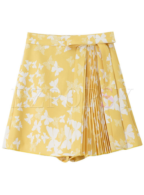 Printed Bow-Embellished Asymmetrical Shorts
