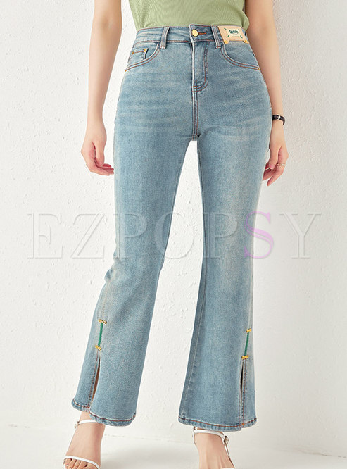 Fashion Embroidered Slit Flare Jeans