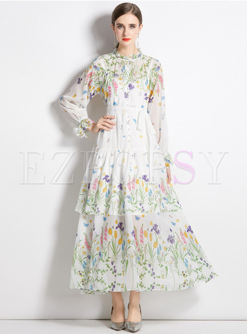 Pastoral Printed Double Layers Maxi Dresses