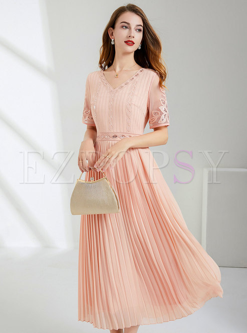 Romantic Embroidered Pleated Skater Dresses