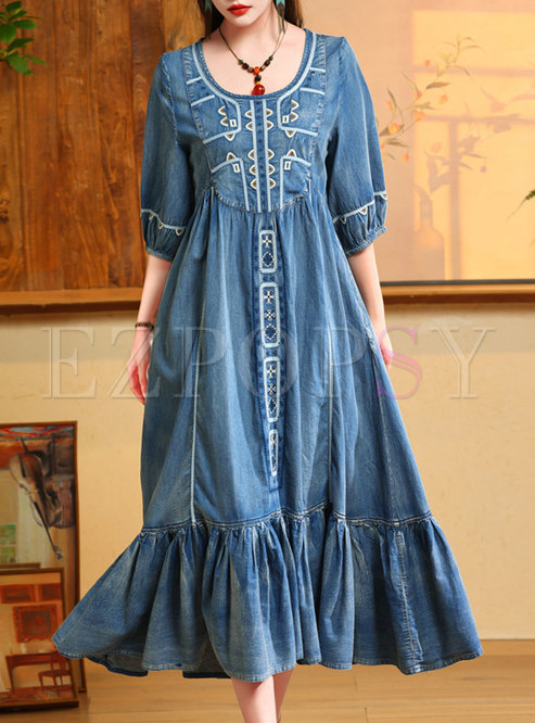 Ethnic Embroidered Ruffle Hem Denim Dresses