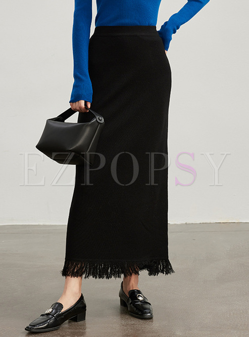 Classy Fringes Wool Knit Maxi Skirts
