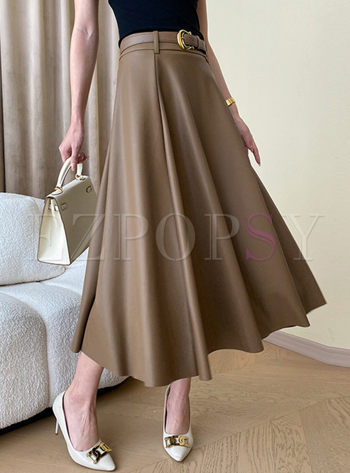 Stylish With Belt Pleated Leather Skirts