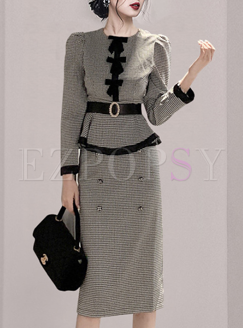 Commuter Bowknot Houndstooth Tops & Skirts