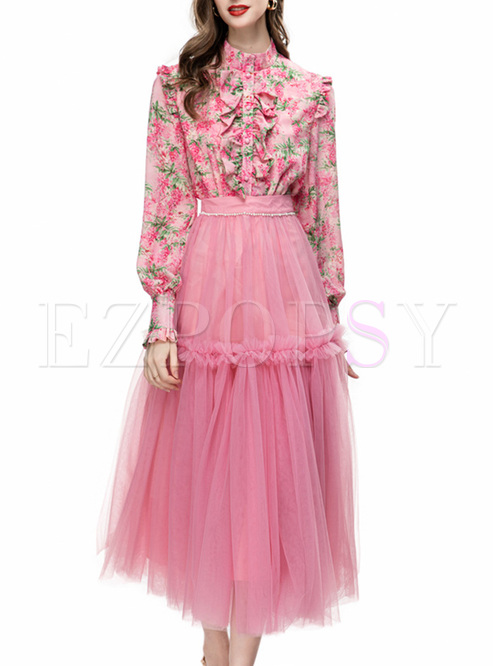 Court Floral Purfle Blouse & Mesh Skirts