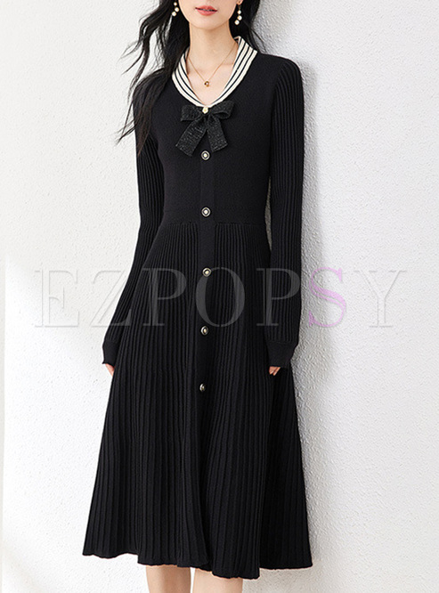 New Striped Collar Bowknot Knitted Dresses