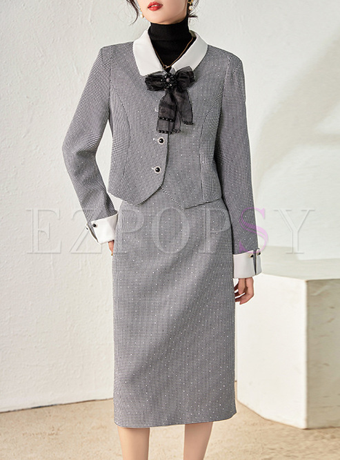 Work Houndstooth Bow Women Coats & Skirts