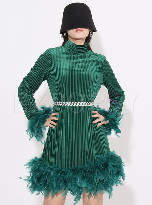 Retro Feather Chain Corduroy Mini Dresses