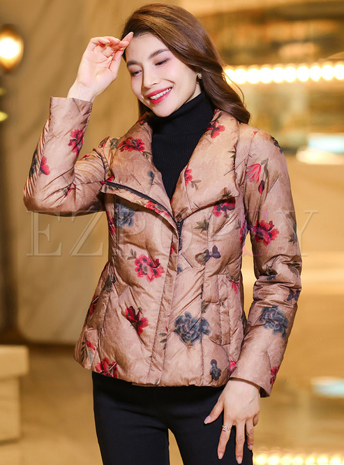 Fashion Flower Zipped Women Down Coats