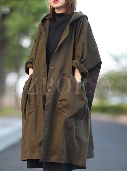 Loose Hooded Pockets Mid Trench Coats Women