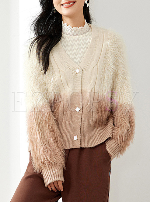 Imitation Mink Fur Contrasting Knit Cardigan Women