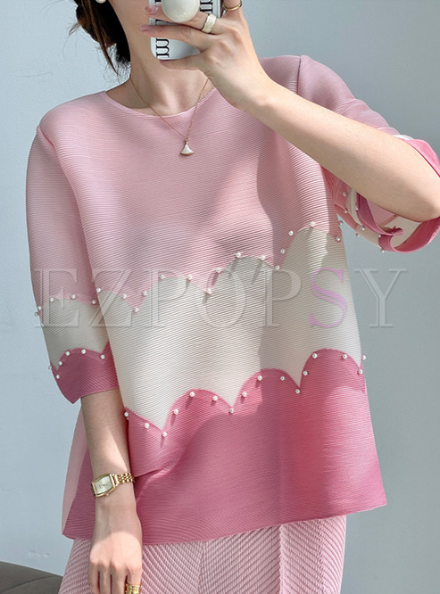 Loose Pearl Patchwork Smocked Tops Women