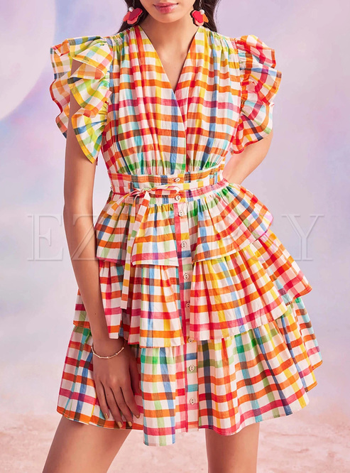 Colorful Flutter Sleeve Plaid Layered Dresses