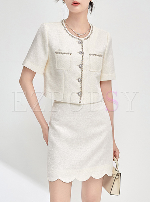 Elegant Button Tops & Wave-shape Hem Skirt