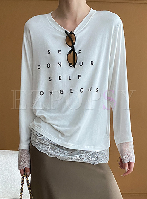 Stylish Lace-Trimmed Letter Tops Women