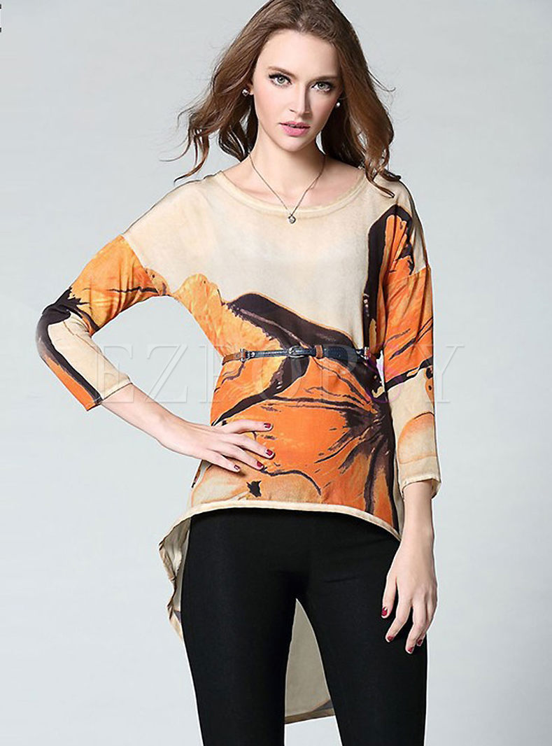 Tops | T-shirts | Womens Big Size O-Neck Print Silk Top