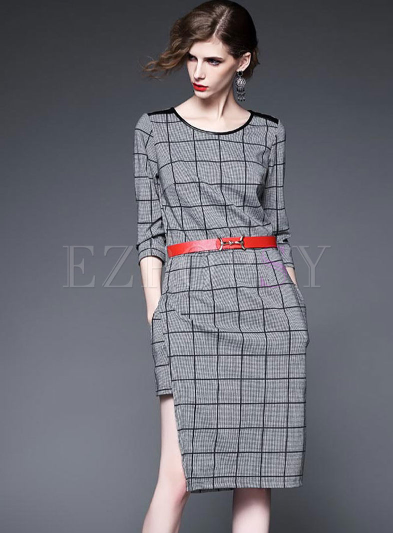 Dresses | Bodycon Dresses | Charming Style Plaid Grey Dress With Belt