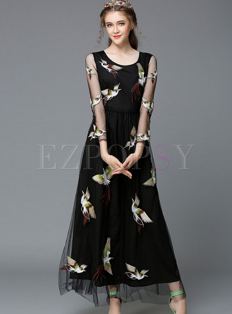 Dresses | Maxi Dresses | O-Neck Long Sleeve Embroidery Mesh Long Dress