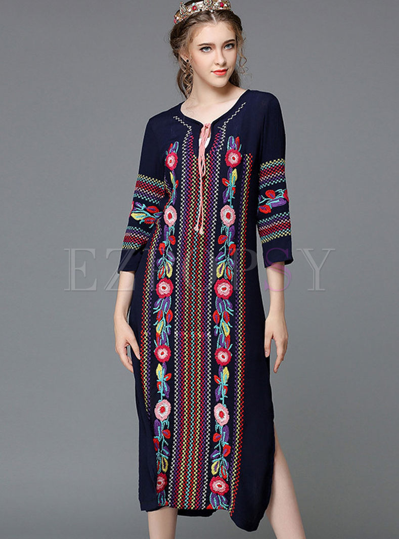 Dresses | Maxi Dresses | Three-Quarter Sleeve Embroidery Long Dress