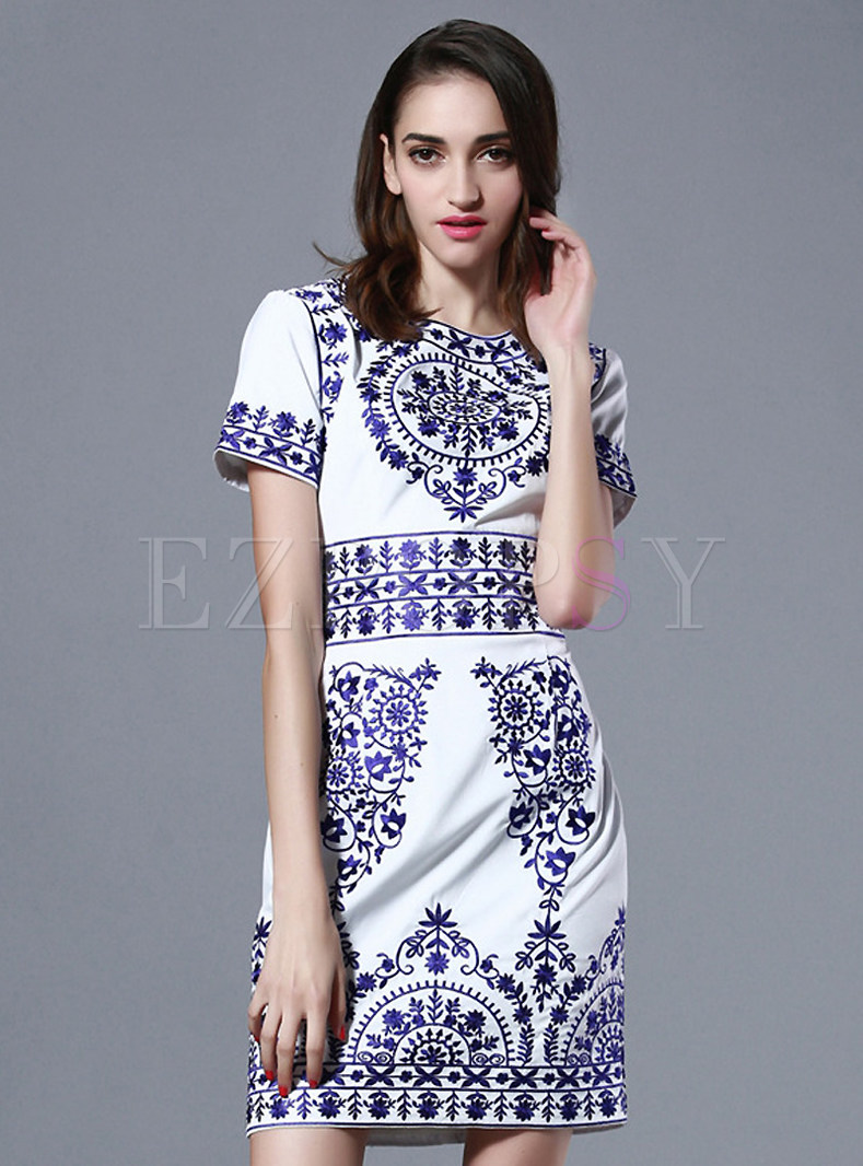 Dresses | Bodycon Dresses | Short Sleeve Floral Embroidery Dress