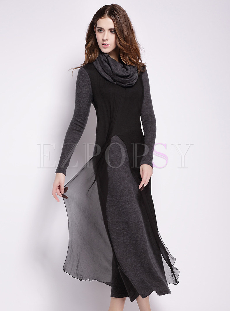 Dresses | Maxi Dresses | Long Sleeve Mesh Patch Asymmetric Long Dress