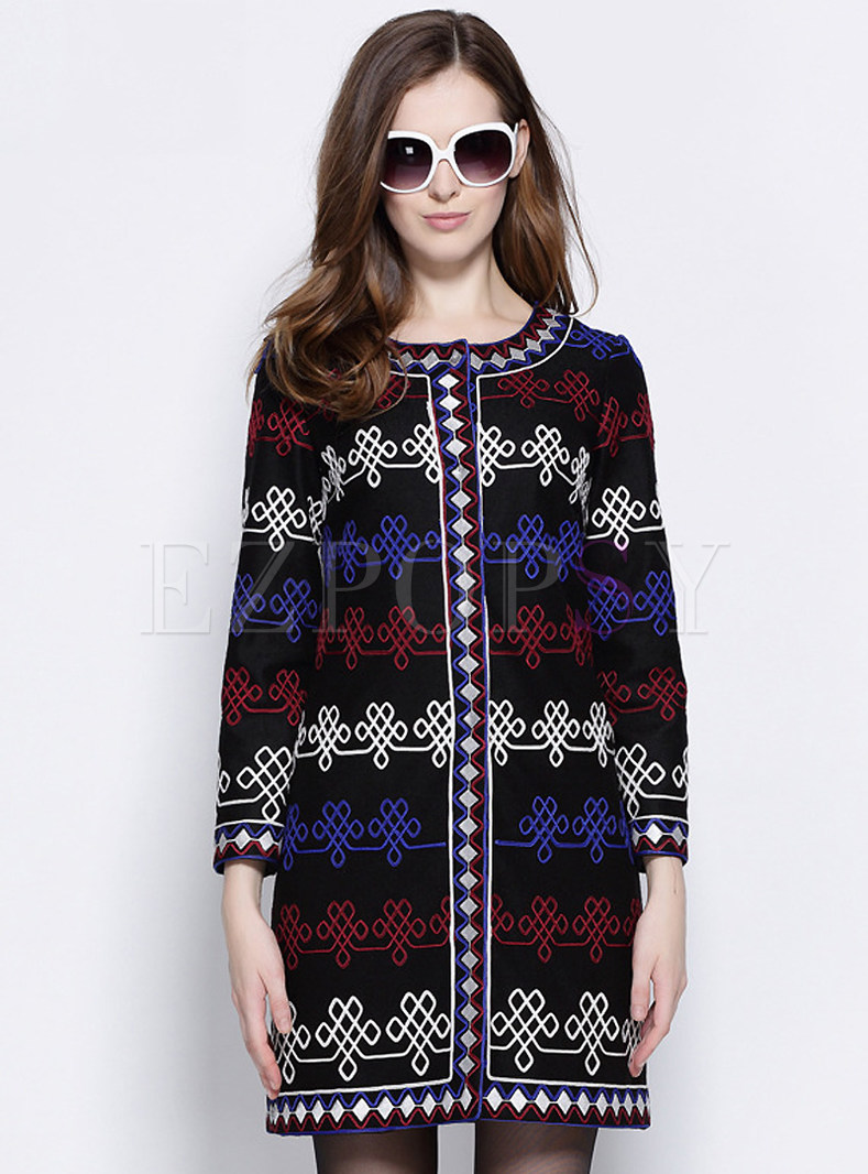 Geometric Embroidery Cotton Blend Coat