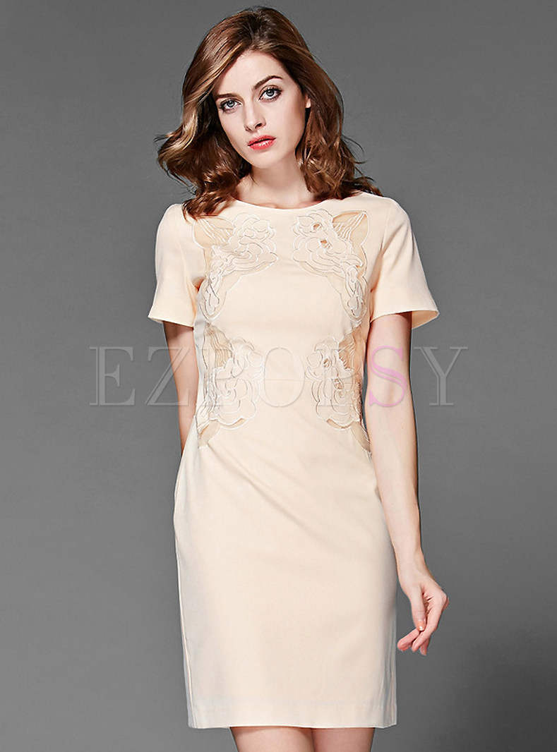 Pure Color Embroidery Pierced Dress