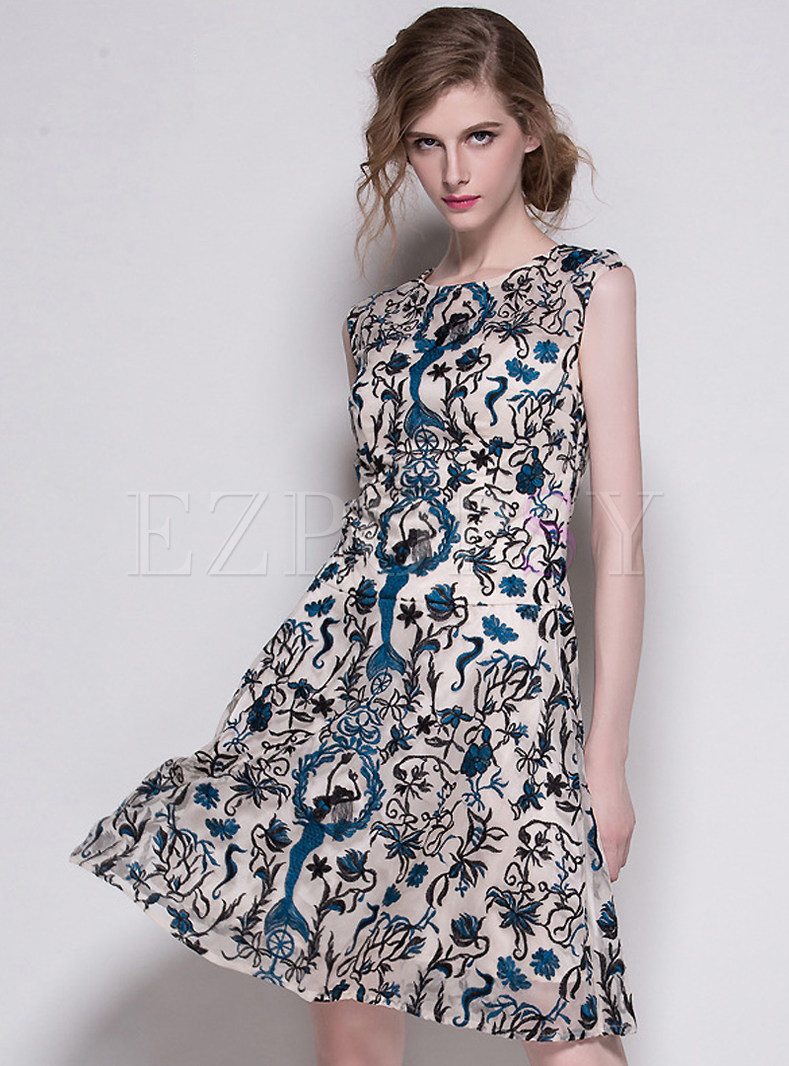 Dresses | Skater Dresses | Embroidery Mesh Sleeveless Dress