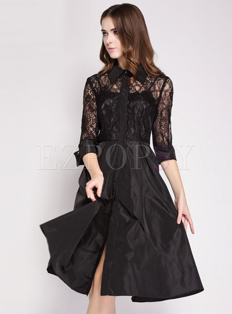 Black Lace Patch Lapel A-line Dress