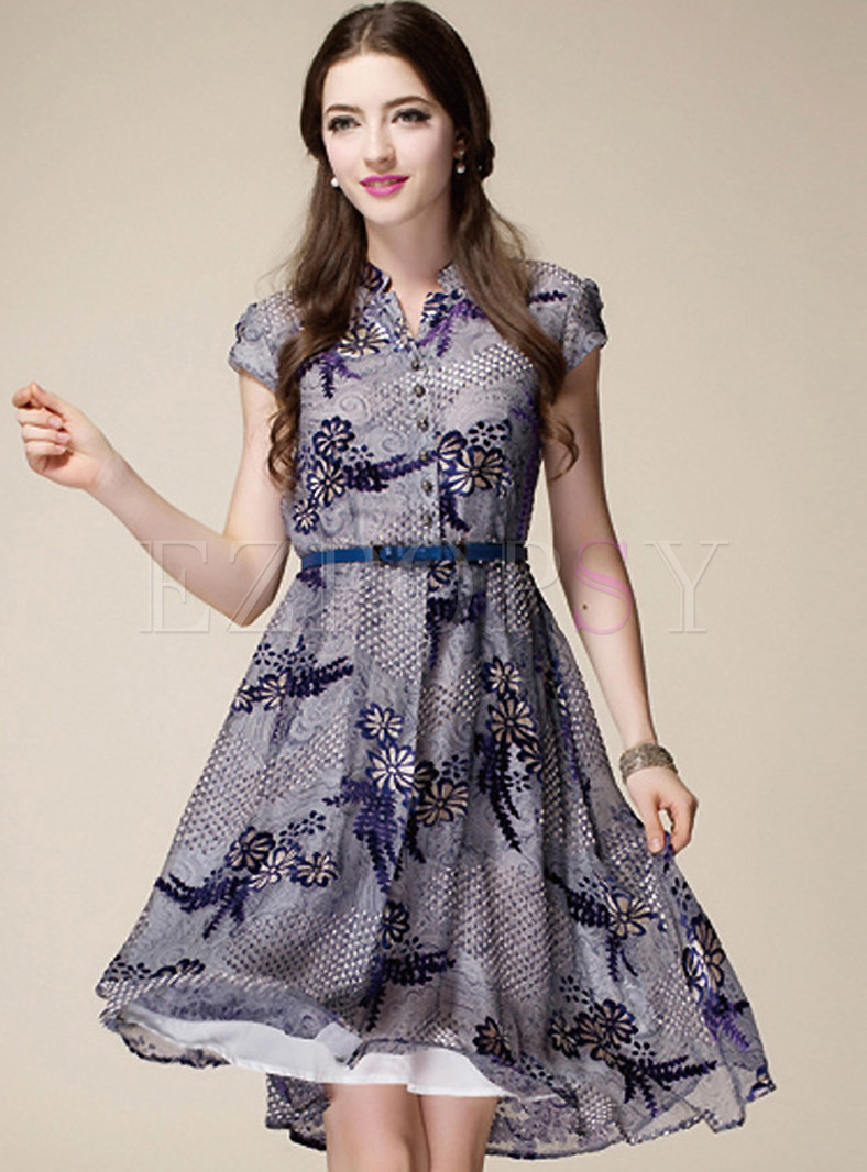 Dresses | Skater Dresses | V-Neck Embroidery Silk Dress