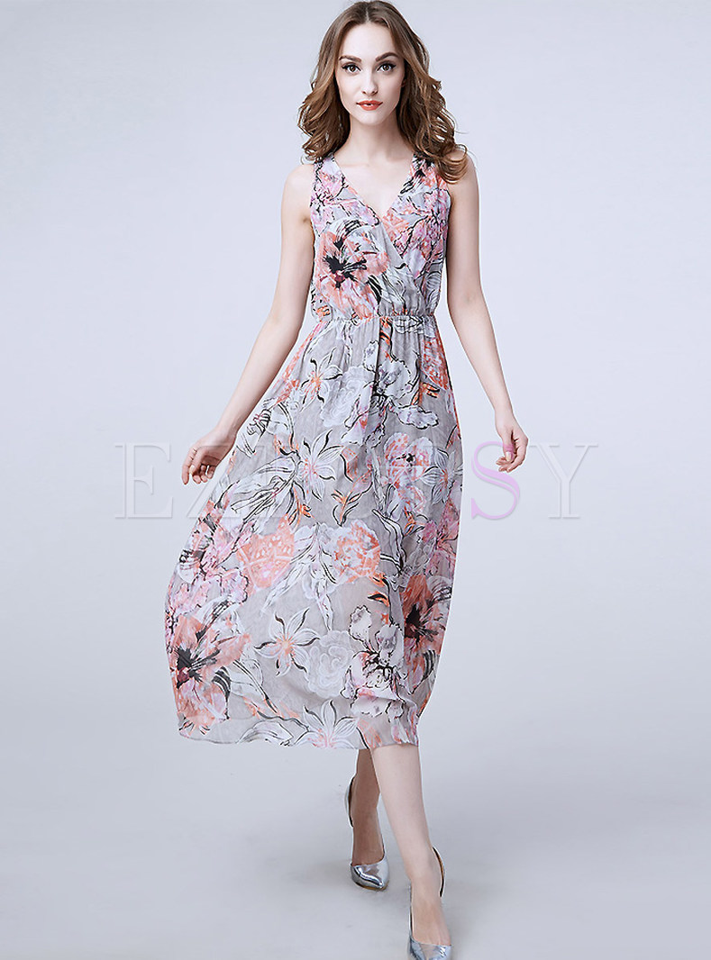Dresses | Maxi Dresses | V-Neck Print Silk Long Vest Dress