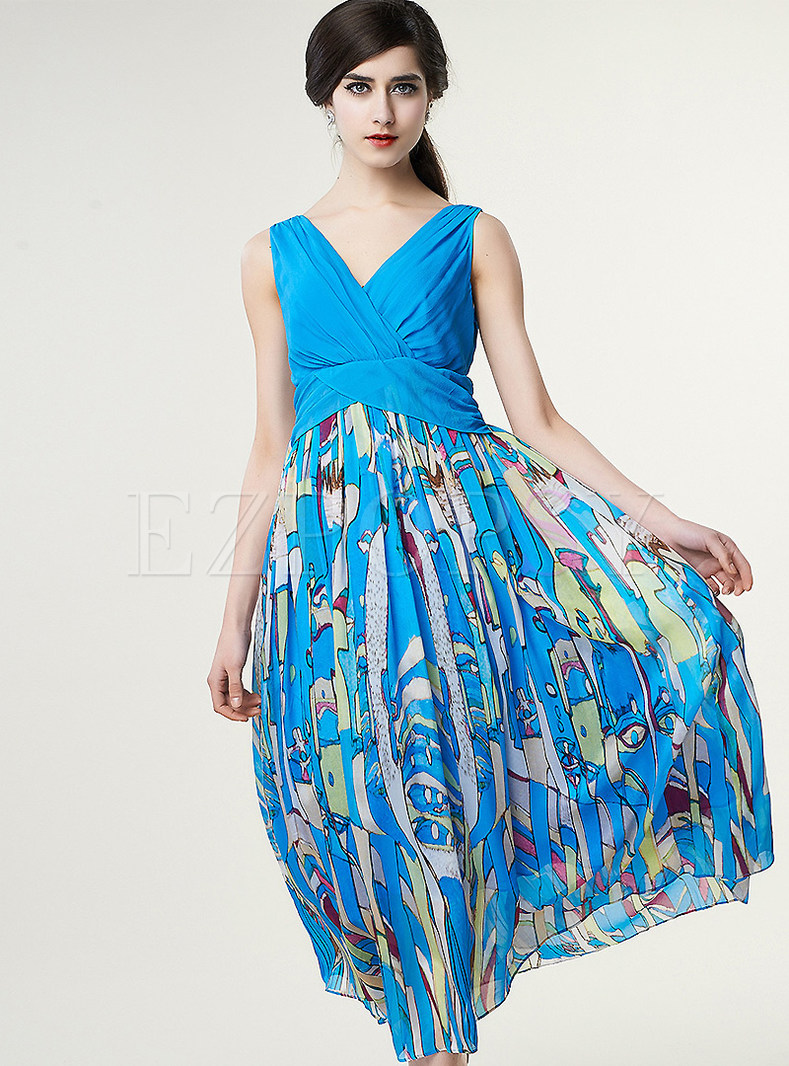 Dresses | Maxi Dresses | V-Neck Print Pleated Long Dress