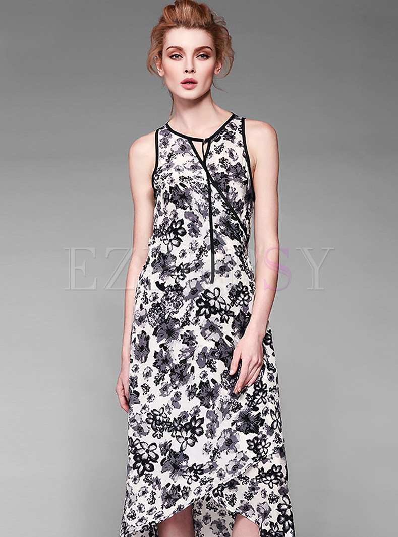 Asymmetric Floral Print Long Dress